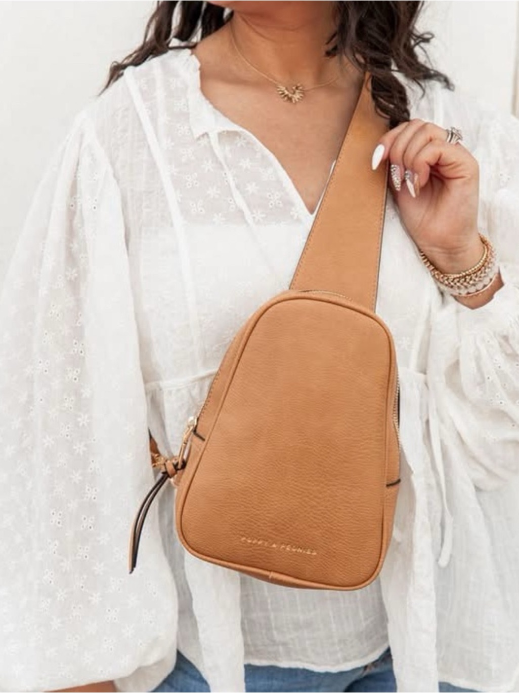 Poppy & Peonies Cognac Sling Crossbody Bag - The Roamer Sling Bag In Camel